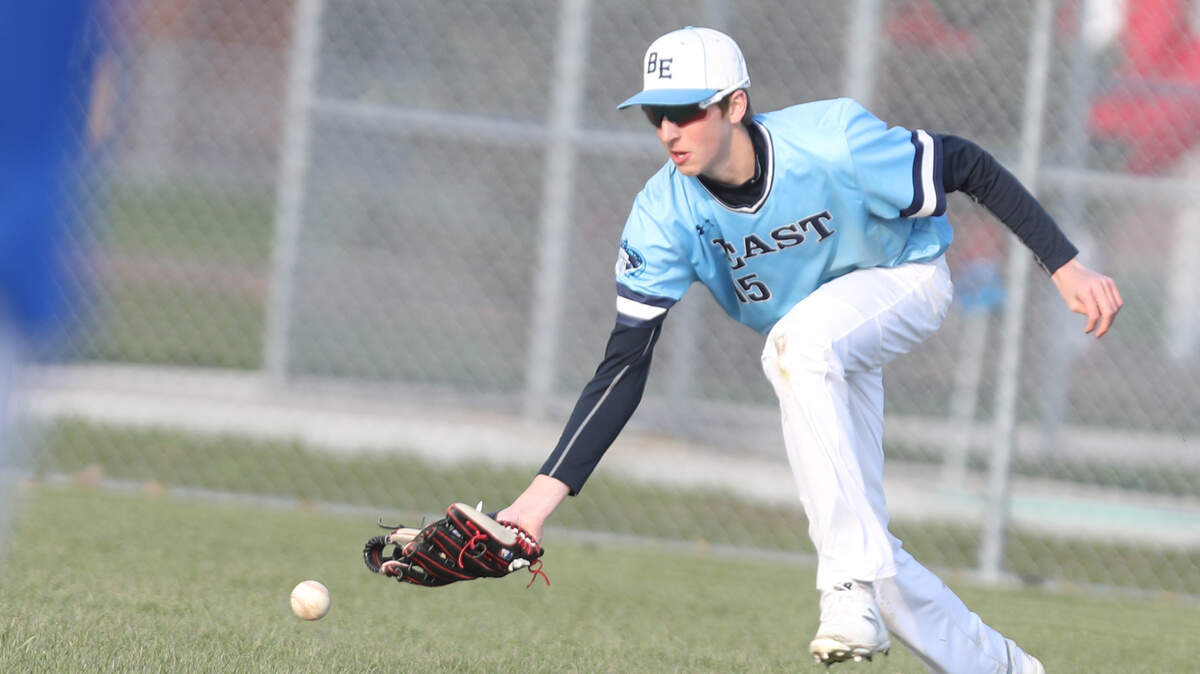 Belleville East outfielder Drew Gray makes a play in the Lancers' game at Freeburg on Monday.  A freshman, Gray leads the Lancers with a .450 batting average.