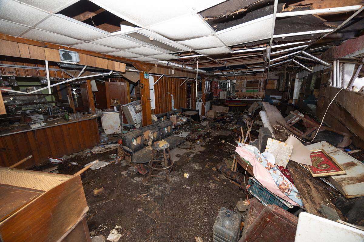 The former George E. Hilgard American Legion Post 58 in rural Freeburg is littered with derelict buildings that have been ransacked by squatters. It is pictured here in late 2024.