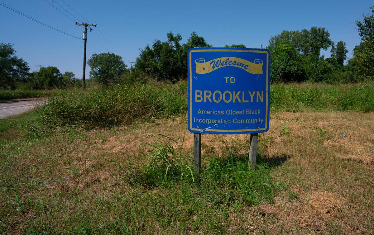 A sign announcing the community of Brooklyn, Ill. on Aug. 25, 2023.