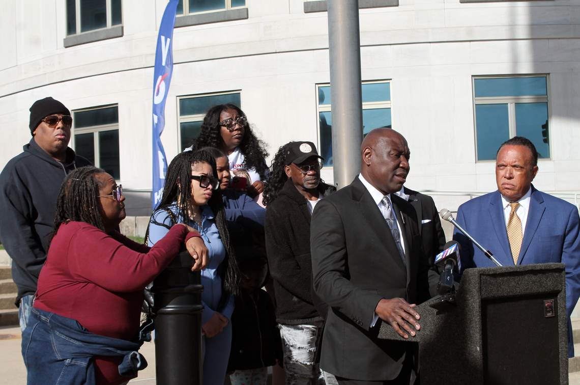 Well-known civil rights attorney Ben Crump speaks about Zareef M. Fawaz’s death at the Madison County Jail during a news conference Tuesday in front of the Madison County Courthouse.