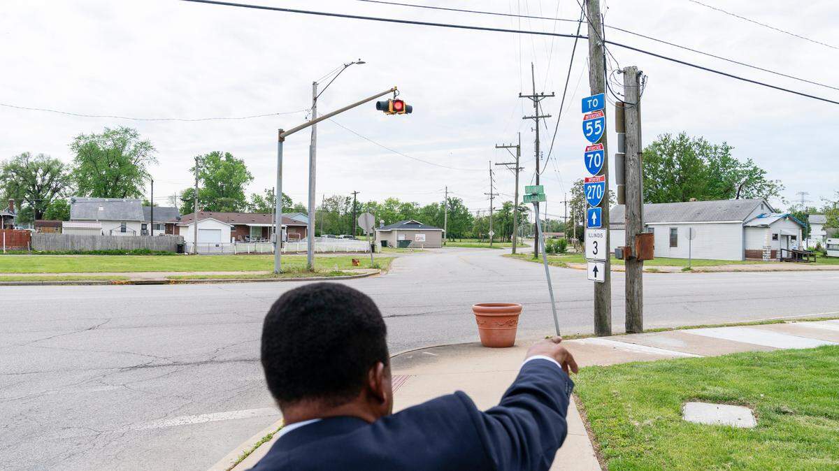 Ed Hightower points toward a planned new development on Tuesday, April 23, 2024, in Venice. The city of Venice plans to add a new grocery store, healthcare facility, affordable homes, and a new elementary school.