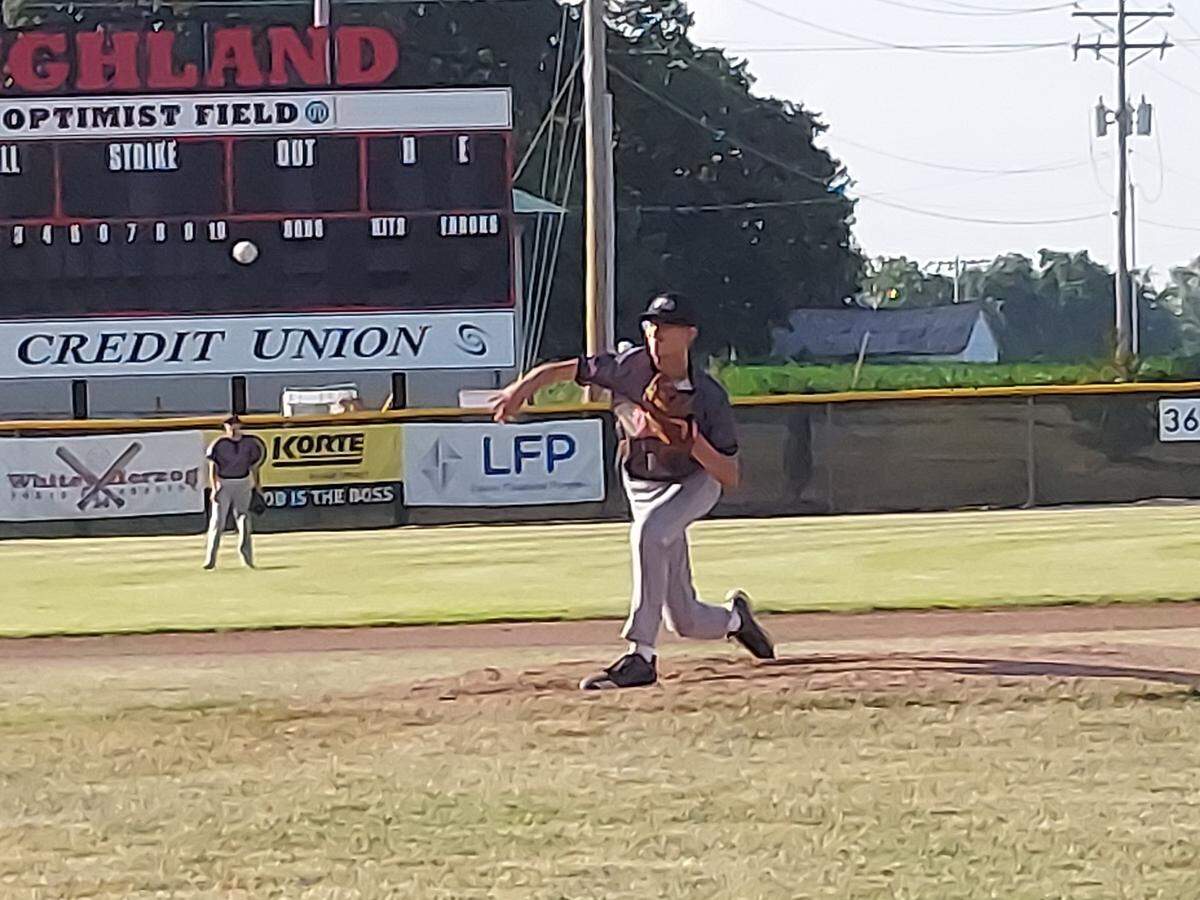 Highland Senior Legion pitcher Joey Kunz lets fly a delivery toward home plate during a game against Trenton Post 778 on Wednesday, June 21, at Glik Park on Highland. Kunz and Post 439 ultimately posted a 10-6 victory.