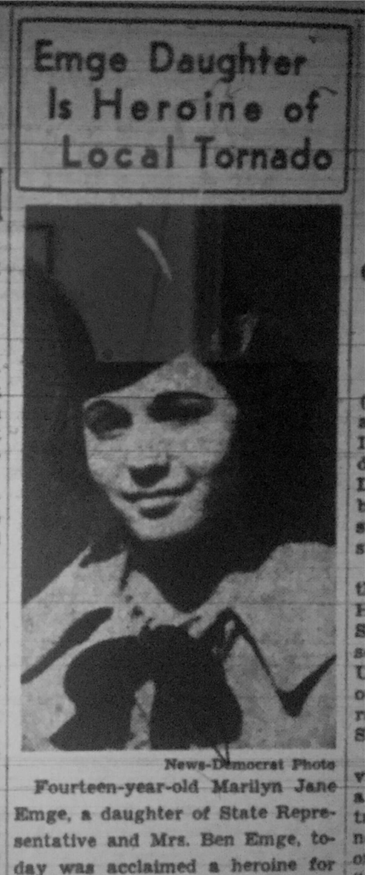 Marilyn Jane Emge, 14, was declared a "Heroine of Local Tornado" for her actions during the storm.