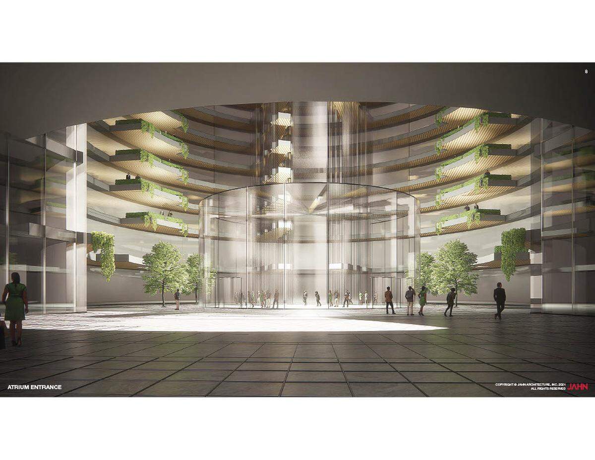 This is an artist’s rendering of a renovated John R. Thompson Center at 100 W. Randolph St. in Chicago. JRTC Holdings has been identified as a potential buyer of the state-owned building. The closing date will be in the summer of 2022 followed by two years of renovations.