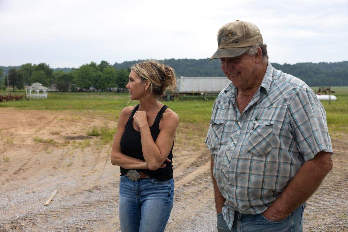 Renshaw, left, and her father, Steve Williams, finish a day of planting soybeans this spring.