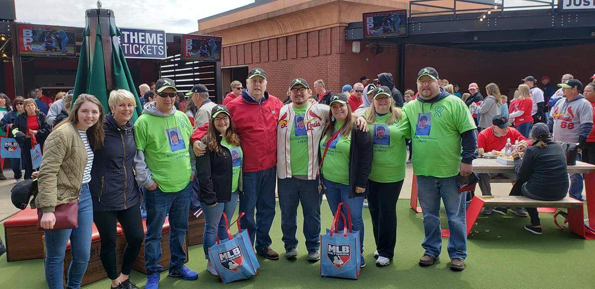 Donovan Bulger’s family met John Sueme during a St. Louis Cardinals game on April 29 at Busch Stadium. Sueme received Bulger’s heart during a transplant in 2016.