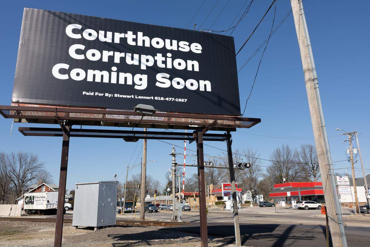 Belleville resident Stewart Lannert paid to rent this billboard on West Main Street at 29th Street. His message, “Courthouse Corruption Coming Soon,” will remain for six months.