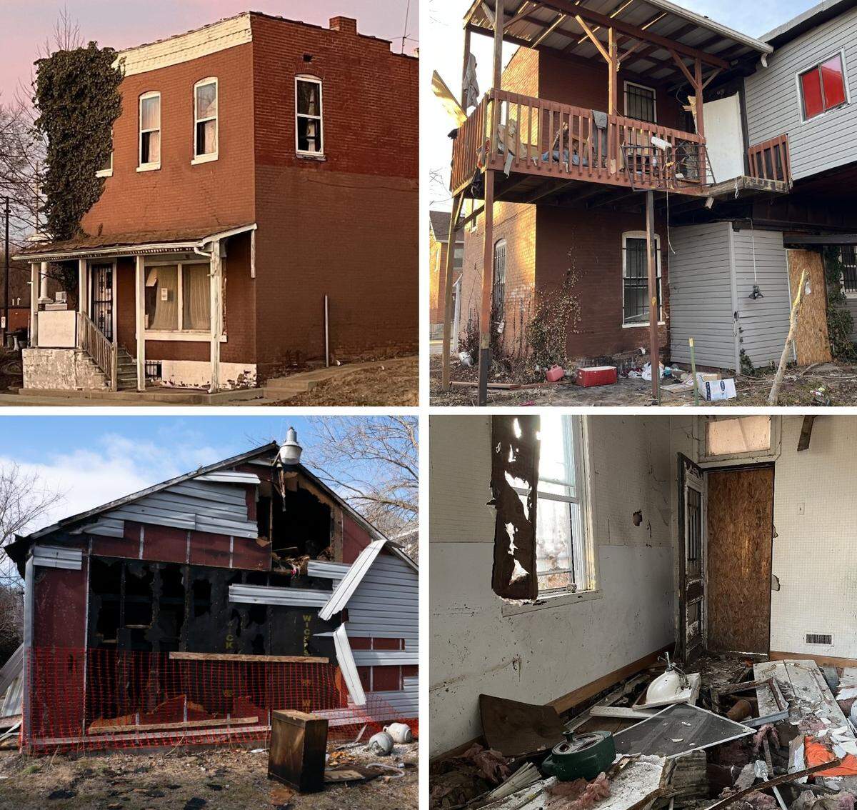 The building at 520 N. Illinois St. in Belleville consists of a brick storefront, clockwise from top left, an addition in back, rooms filled with trash and debris and a detached garage.