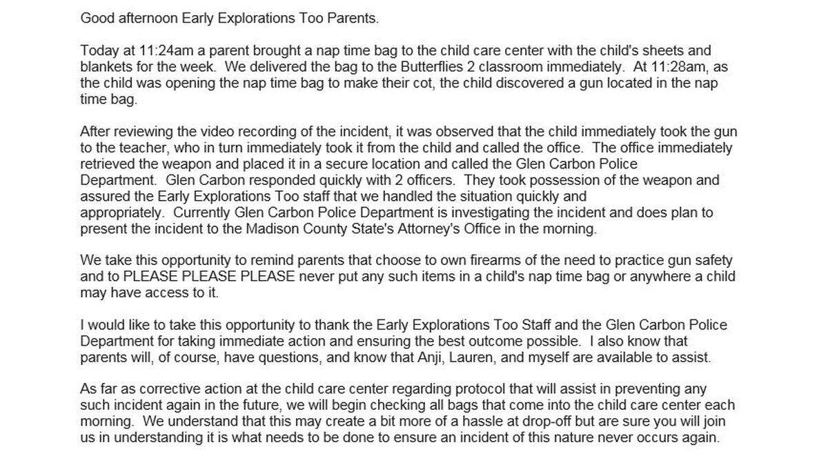 Letter to parents from Early Explorations Too officials.