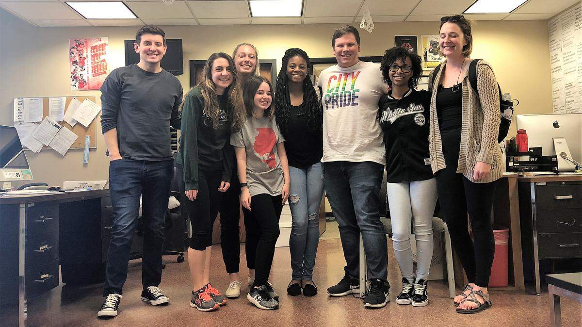 Ryan Bieri, third from right, and the 2018 spring staff of the Alestle.