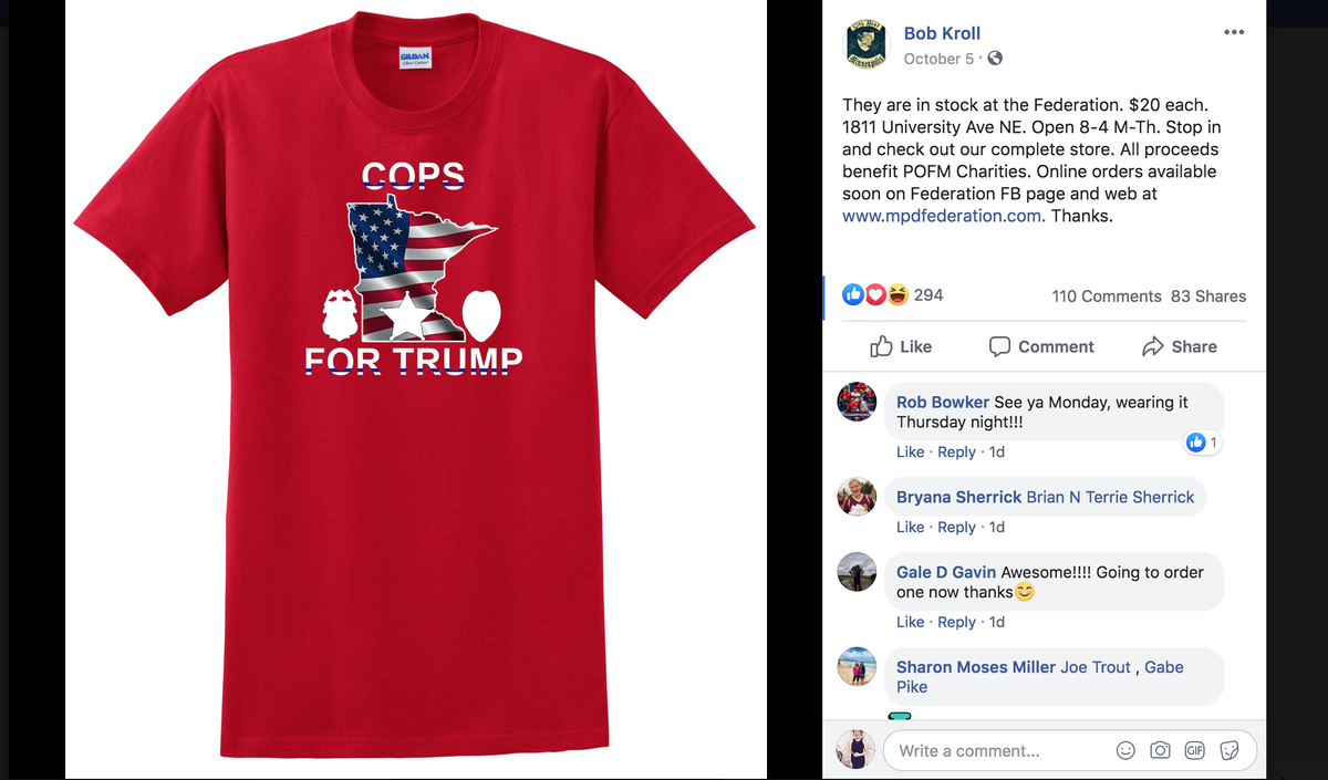 Members of the Minneapolis police union are selling t-shirts after a change in city policy bans off-duty police officers from wearing their uniforms to political rallies.