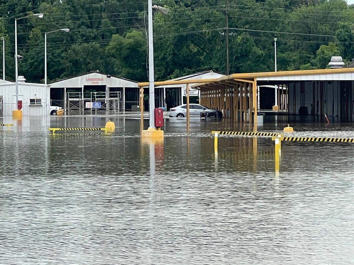 The St. Clair County-owned Belle-Clair Fairgrounds property at 200 South Belt East in Belleville flooded during the heavy rain storm that hit southwestern Illinois July 16, 2024.