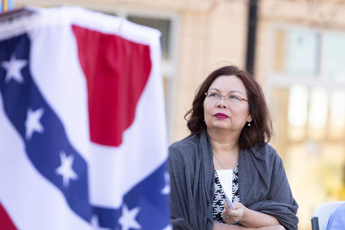 Senator Tammy Duckworth (D-IL) is introduced during Belleville’s 26th annual Veterans Day ceremony on Nov. 11, 2024.