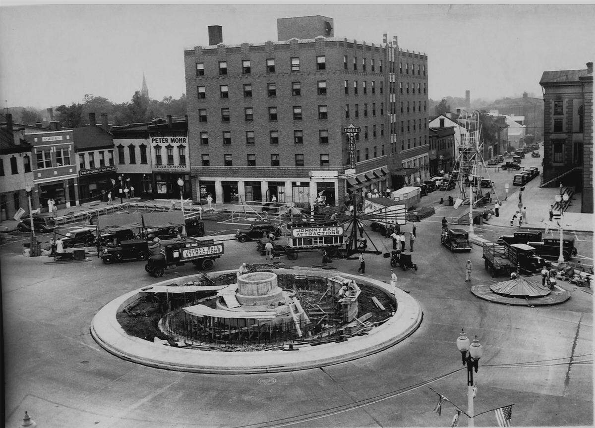 This photo of Belleville’s Public Square from 1937 shows preparations for the Junior Chamber of Commerce Street Fair and construction of the Veterans Memorial Fountain.