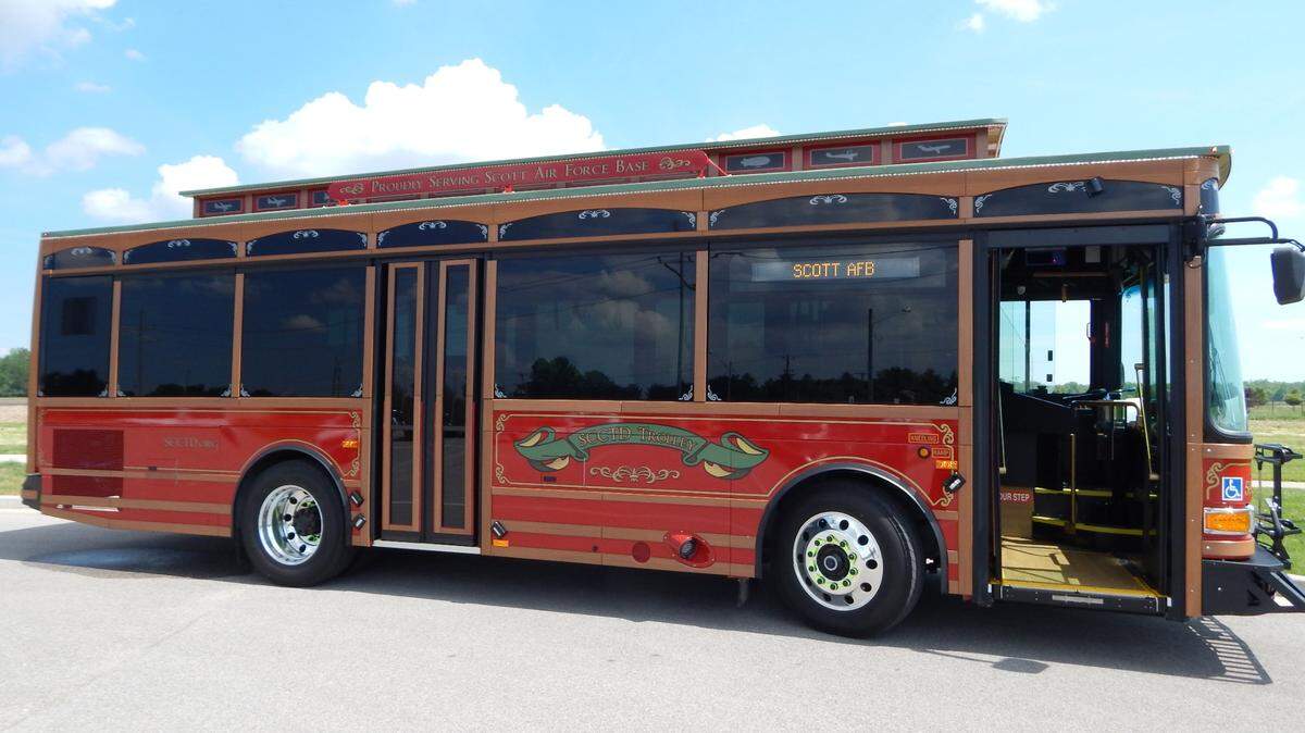 St. Clair County Transit District’s new trolley provides transportation to and from the Shiloh-Scott MetroLink Station and around Scott Air Force Base at the designated bus stops.
