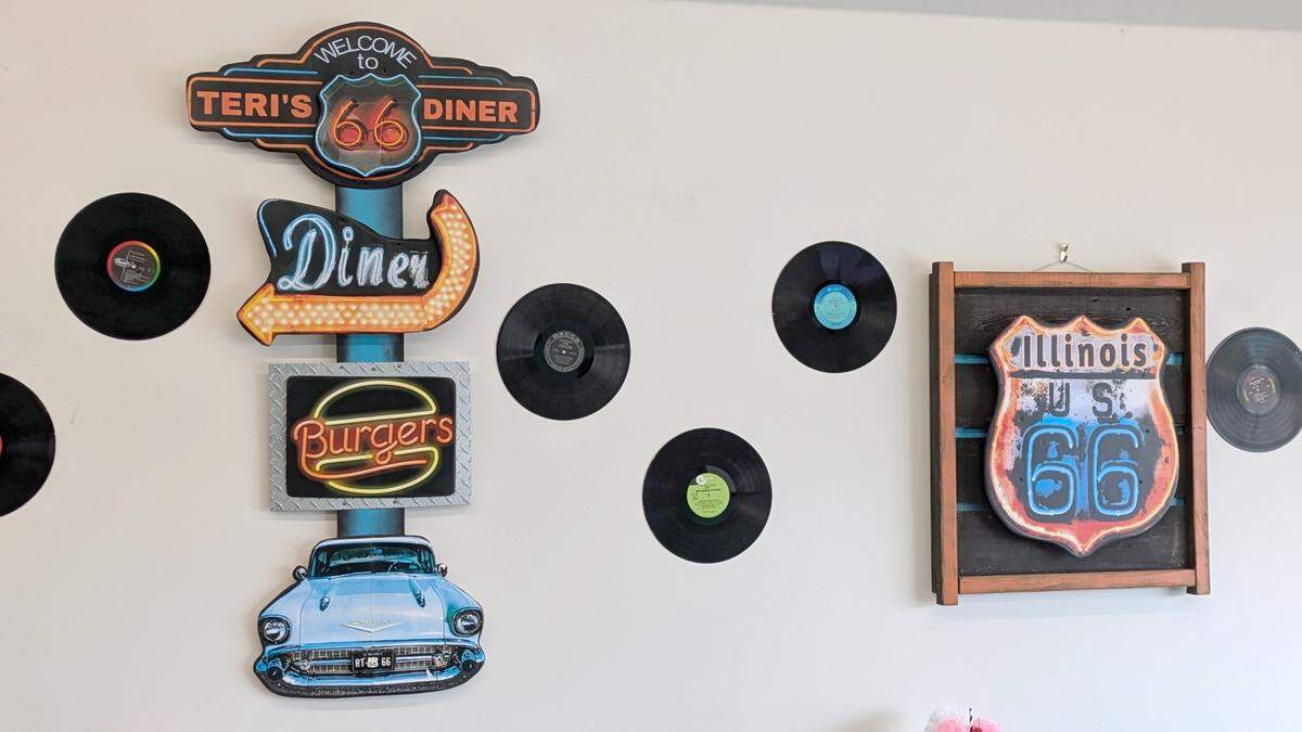 Route 66 memorabilia is displayed throughout Teri's Route 66 Diner.
