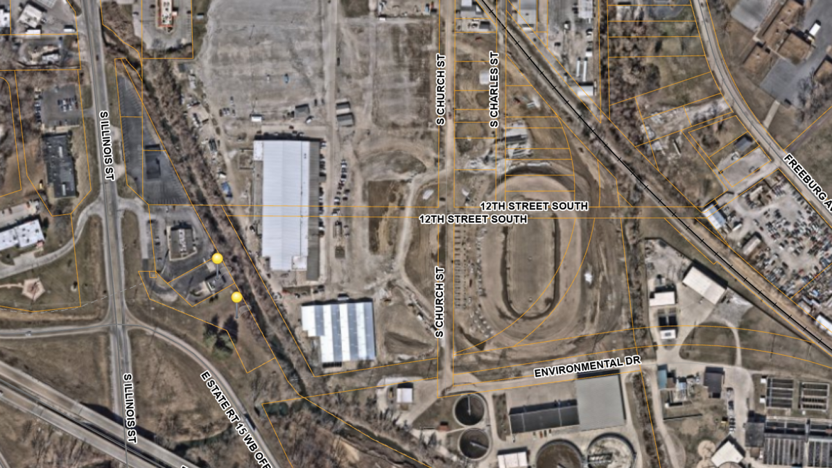 St. Clair County’s Public Building Commission voted to purchase these two parcels with yellow markers bordering the Belle-Clair Fairgrounds. The parcels include a former restaurant space and adjoining vacant land.