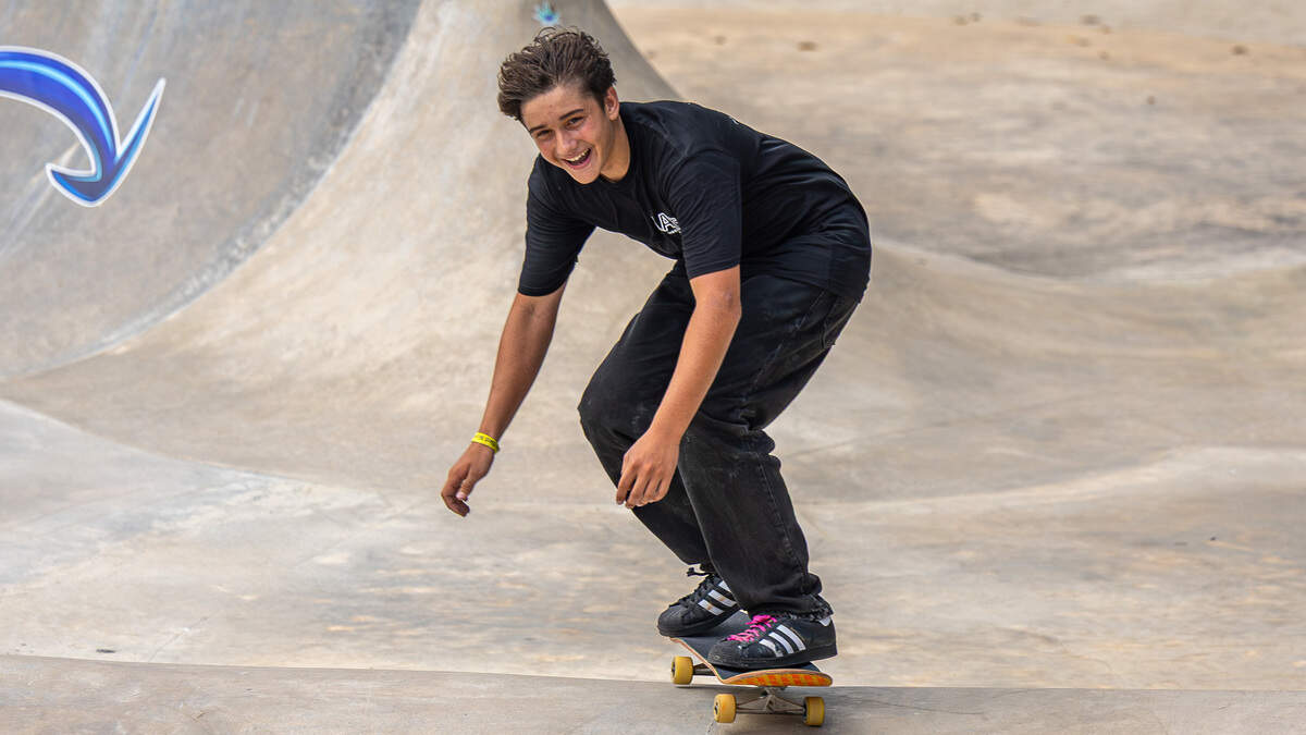 Sebastian Bradrach, 14, approaches the finish line to win the final run of the Concrete Heats at SkateBird Miami in Miami, Fla., on Sunday, June 21, 2026.