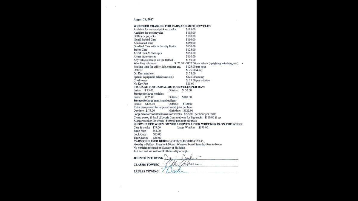 According to the Belleville Police Department, these are the fees for vehicles towed within the city.