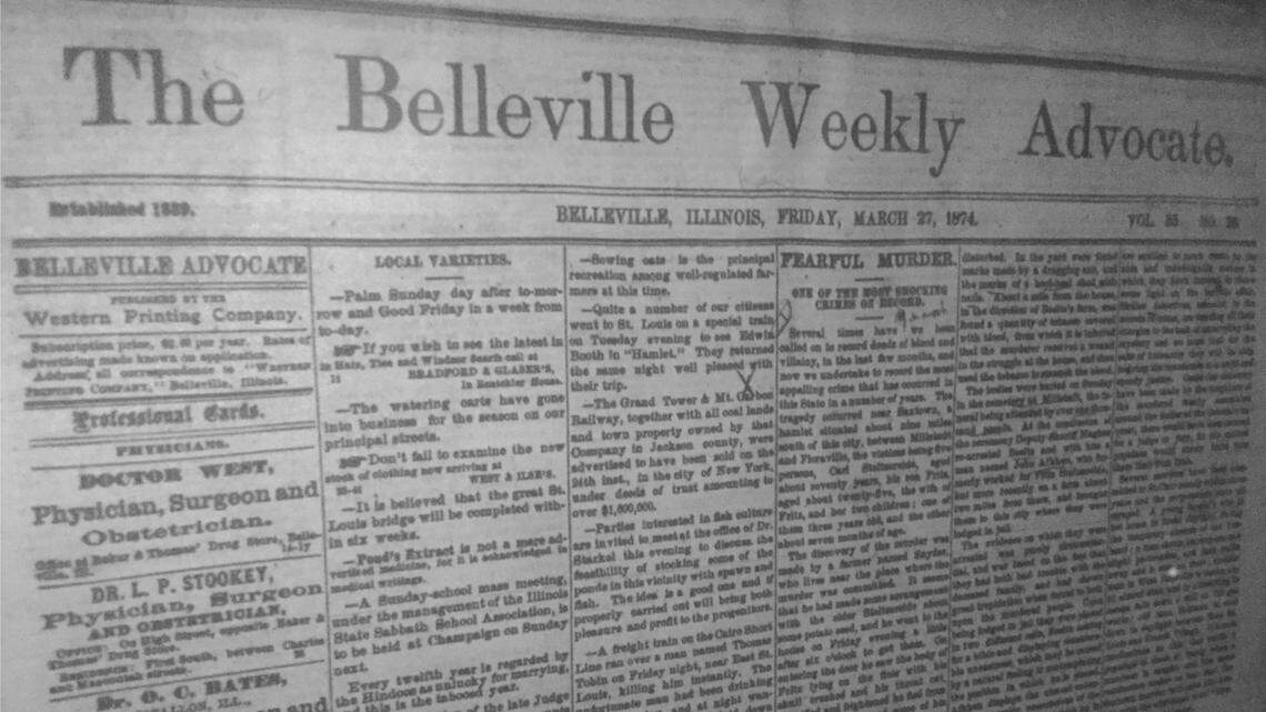 The murders were reported on the front page of The Belleville Weekly Advocate, March 27, 1874.