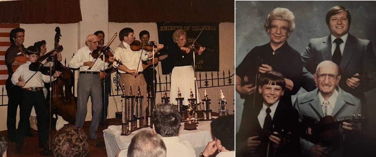 George Portz, top right in photo at right, is shown with four generations of fiddlers, including his grandfather, Perry Biggs, clockwise from bottom right, his son, Jason Portz, and his mother, Kathaleen Portz.