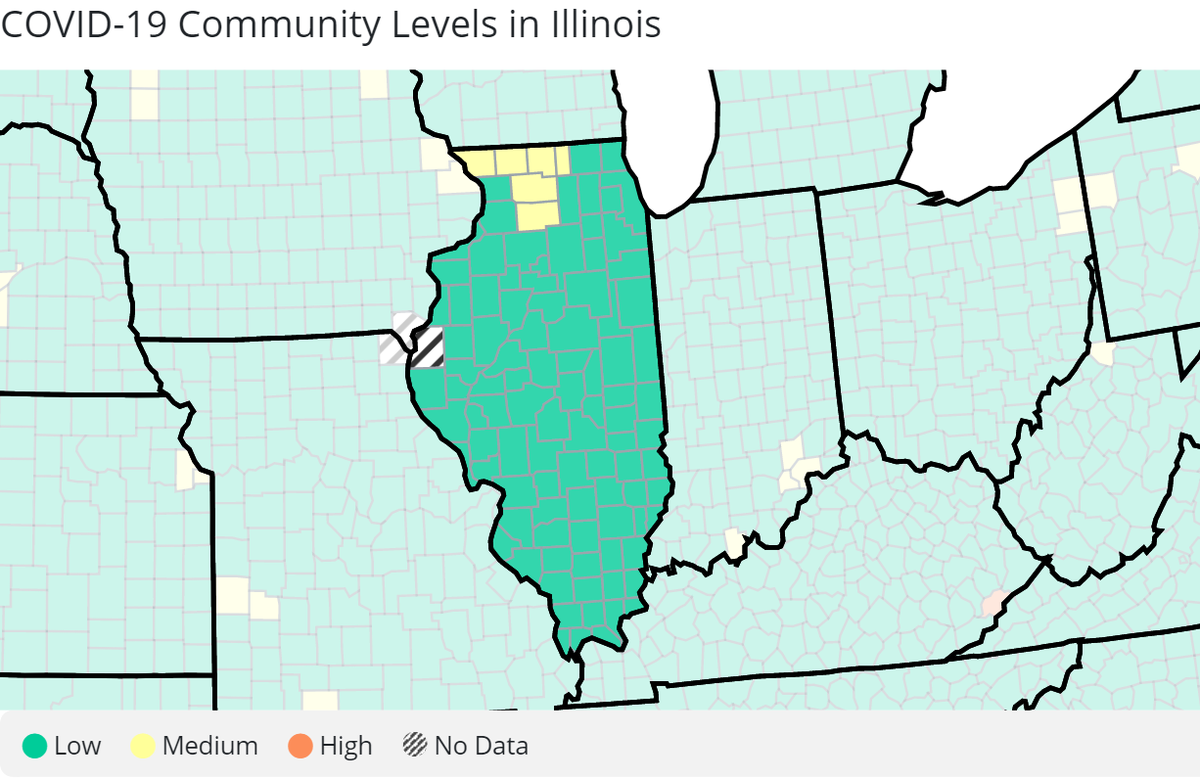 The U.S. Centers for Disease Control and Prevention reported six Illinois counties were at medium COVID-19 community levels Thursday.