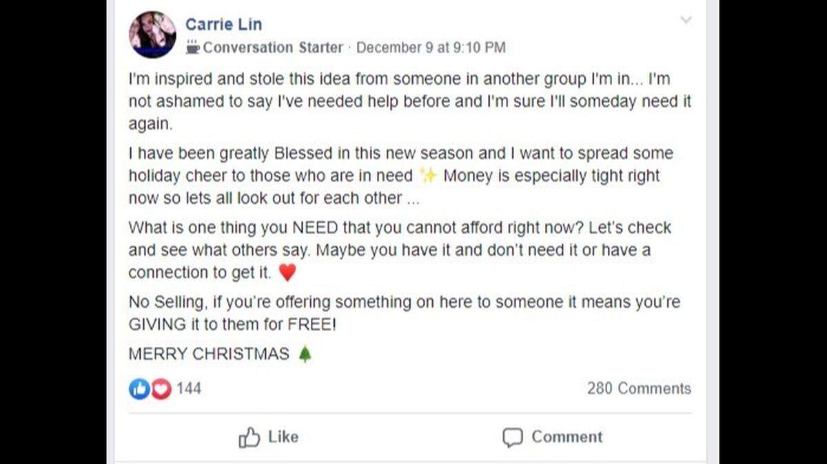 Troy resident Carrie Lin Sanders shared her idea for Christmas gift-giving in a Facebook post to members of a public group called “Out and About in Troy, Illinois” on Dec. 9.