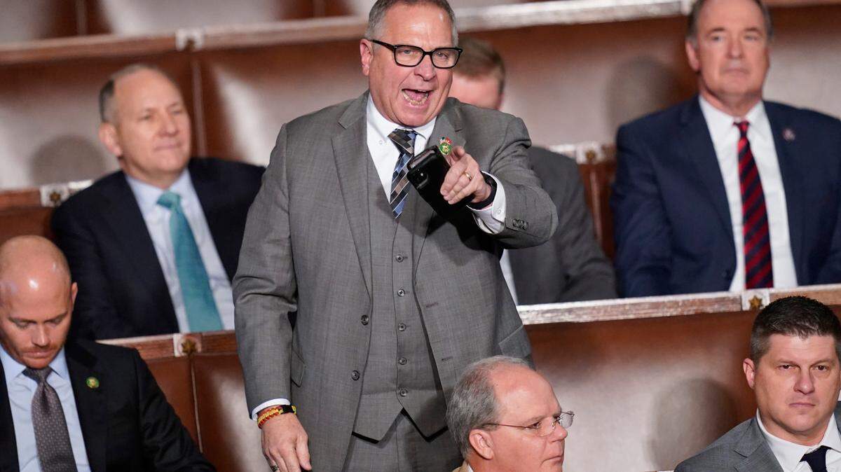 Rep. Mike Bost, R-Ill., interrupts Rep. Matt Gaetz, R-Fla., as he nominated Rep. Jim Jordan, R-Ohio, in the House chamber as the House meets for the fourth day to elect a speaker and convene the 118th Congress in Washington, Friday, Jan. 6, 2023. (AP Photo/Alex Brandon)