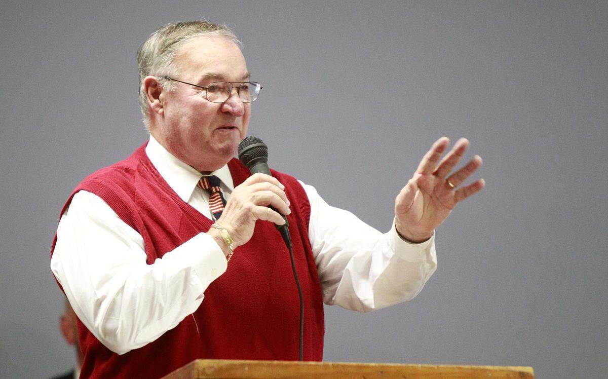 Mascoutah Mayor Jerry Daugherty speaks at a Veterans Day ceremony in 2014 at the Clarence V. Scheel American Legion Post 292 in Mascoutah.