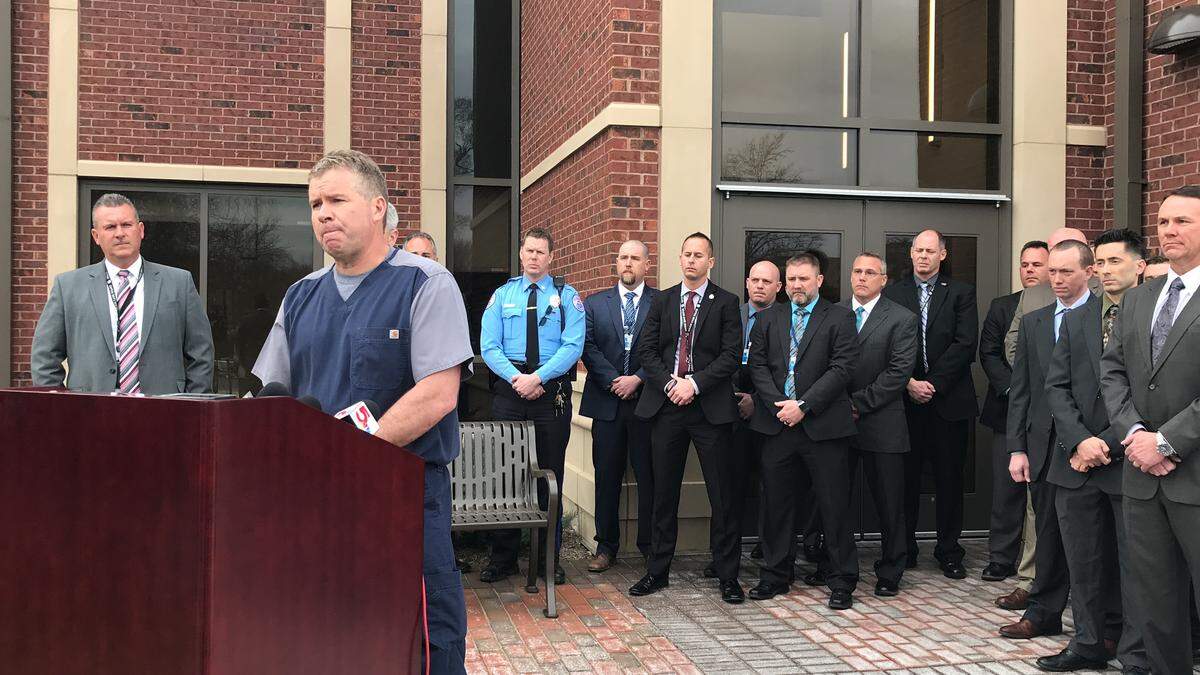 Edwardsville mayor Hal Patton speaks at a March 19 press conference about the murder of an Edwardsville couple, calling it a “senseless” and “horrific” crime.