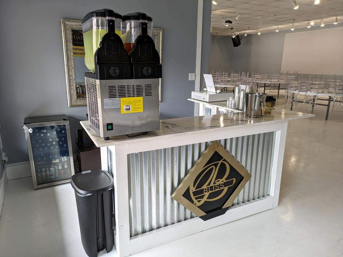 View of the bar, complete with a margarita machine, at Bliss Events in Belleville