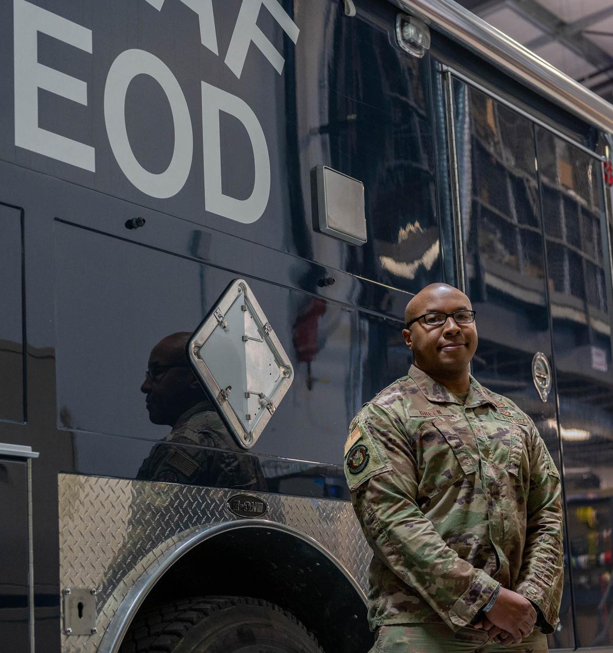 U.S Air Force Master Sgt. Keith Green, 375th Civil Engineer Squadron explosive ordnance disposal unit flight chief, poses for a photo on Scott Air Force Base. Green told the story of his great-uncle, Marlon Dewitt Green, the first African American commercial airline pilot in the United States.