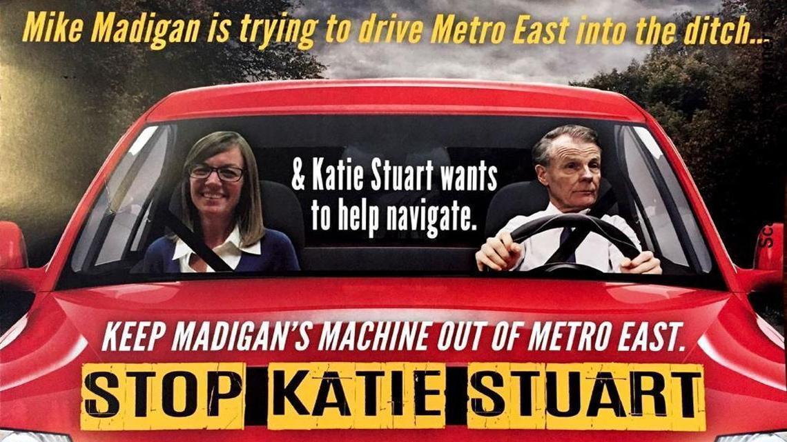 State representative candidate Katie Stuart, depicted as a passenger in this ad mailed by her opponent, Dwight Kay, says the flier is sexist.