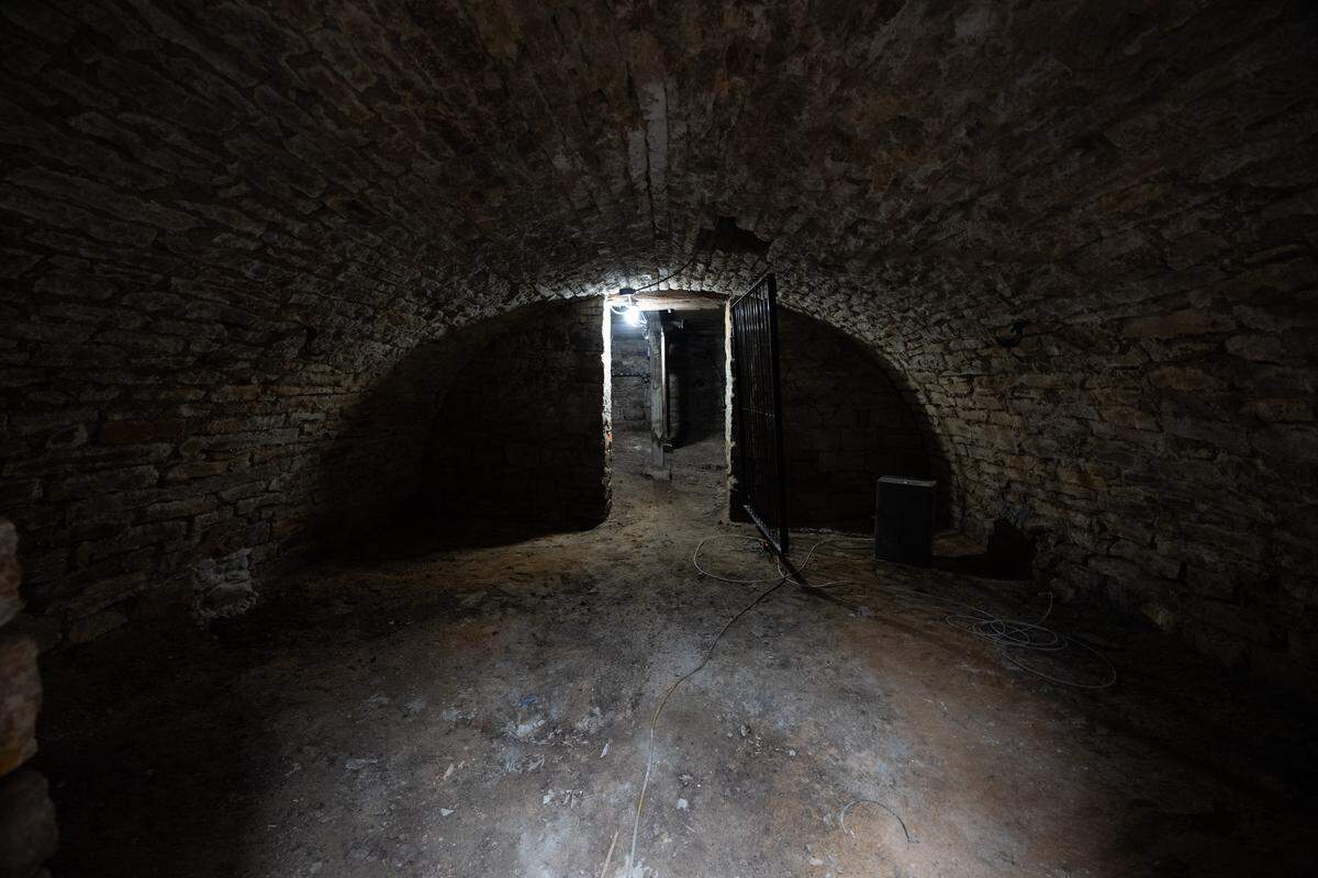 Looking into the cellar from the entrance, visitors are greeted by a wrought-iron gate and a brick-built archway.