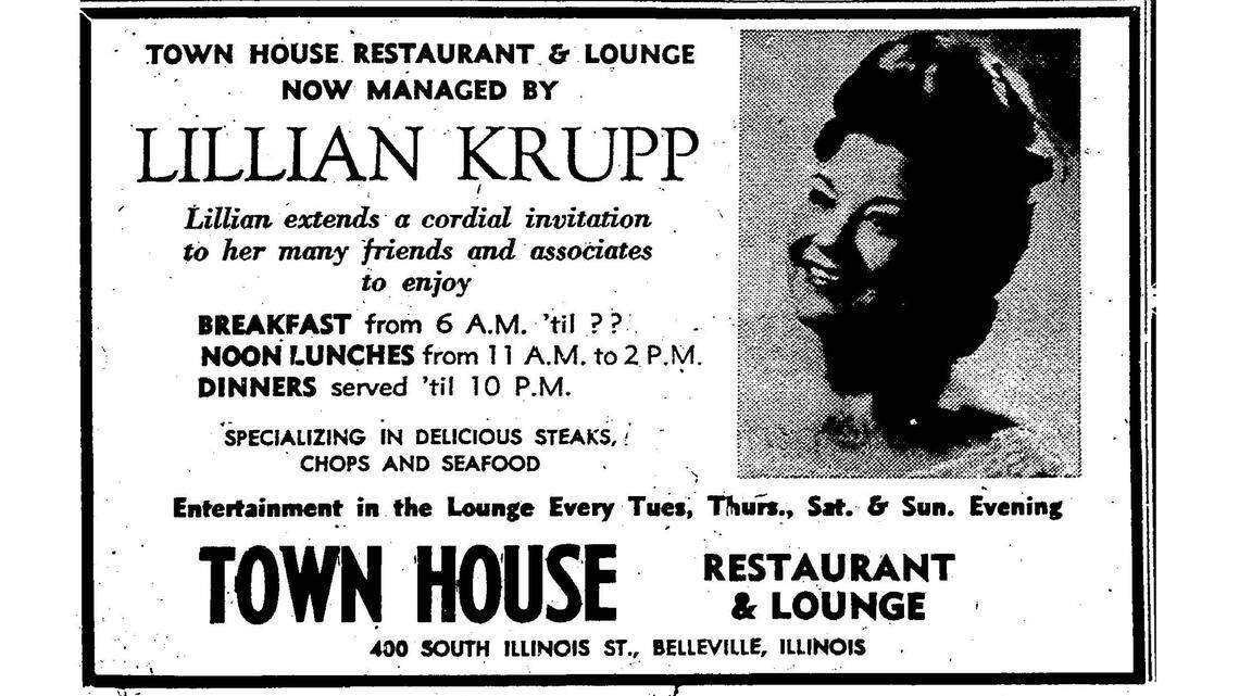 A 1968 ad for Town House Restaurant in Belleville, welcoming new manager Lillian Krupp
