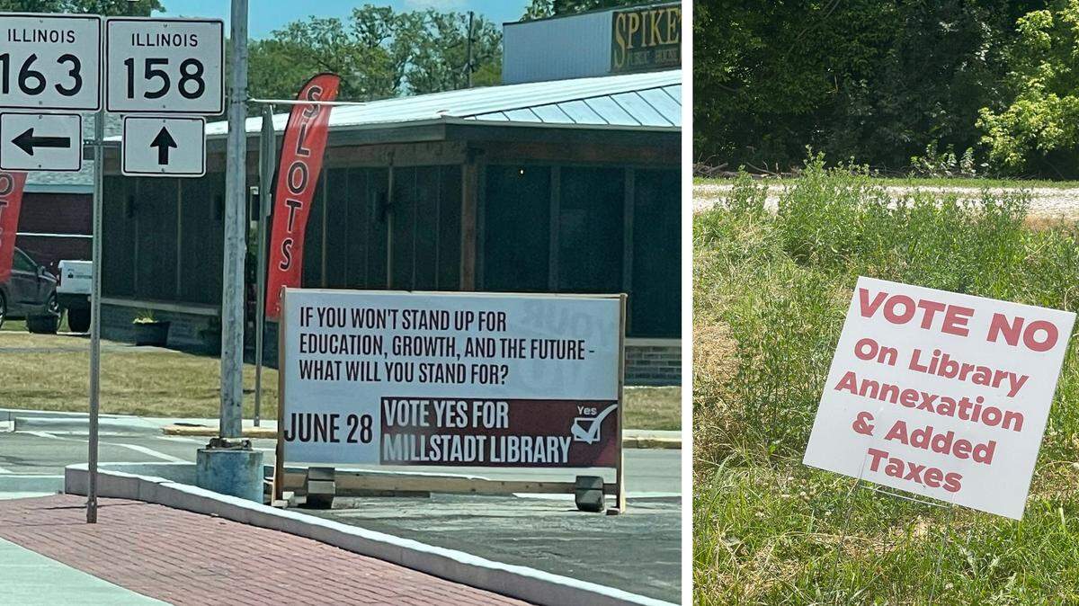 Signs that support and oppose expansion of Millstadt Library District can be found throughout Millstadt Community Consolidated School District 160, southwest of Belleville. Residents will vote on Tuesday.
