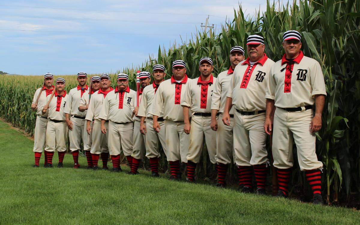 Members of the Belleville Stags Vintage Base Ball Club pose in 2016 in Dyersville, Iowa, where the 1989 movie “Field of Dreams” was filmed. They follow rules and practices of the 1860s.