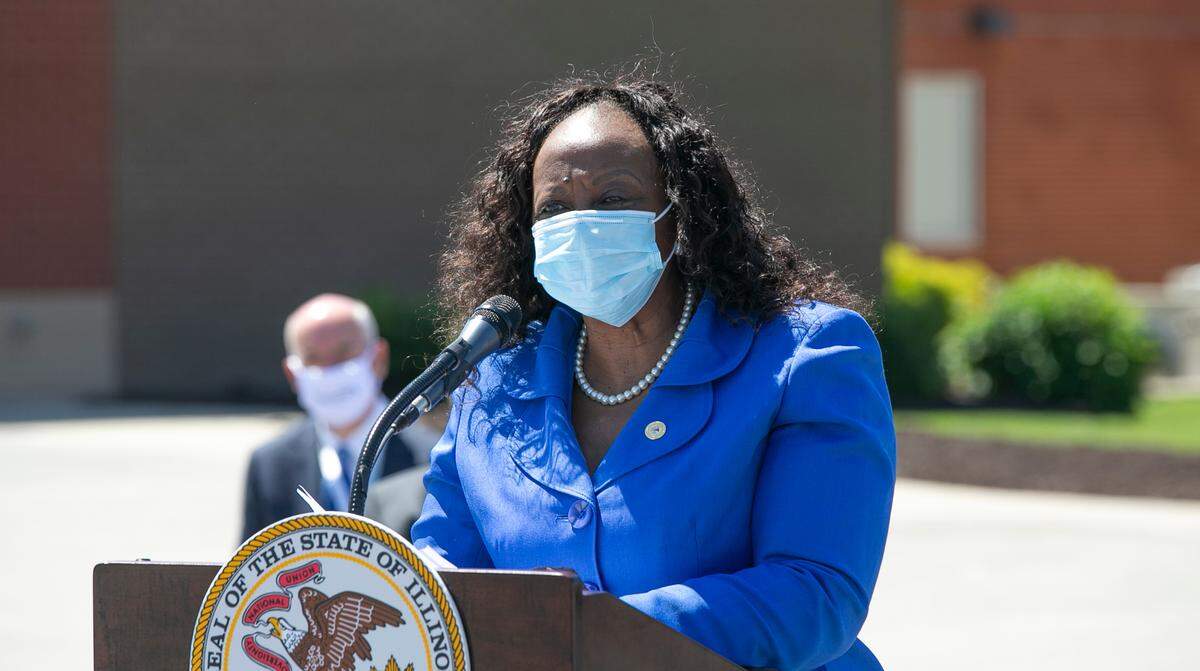 Illinois Sen. Mattie Hunter, D-Chicago, speaks during a news conference on Friday at Touchette Regional Hospital in Centreville.