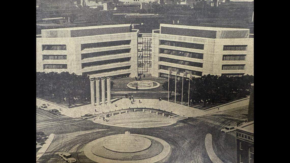 This is a rendering published in the Belleville News-Democrat on March 17, 1971. It shows how the new St. Clair County Building would look in downtown Belleville. The left front of the photo shows a rendering of how four columns from the old courthouse would look if they were reassembled in front of the new building. County officials later decided not to include the old courthouse columns on the grounds of the new county building.