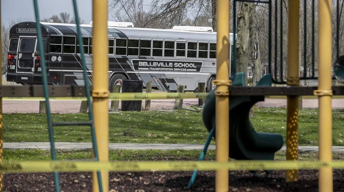 Belleville Township High School District 201 is parking school buses with Wi-Fi at local parks, including Laderman, for students who don’t have access to internet at home and need it for remote learning.
