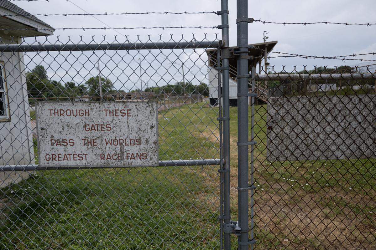A distressed sign outside the Belle-Clair Speedway racetrack is pictured here on Nov. 25, 2024.