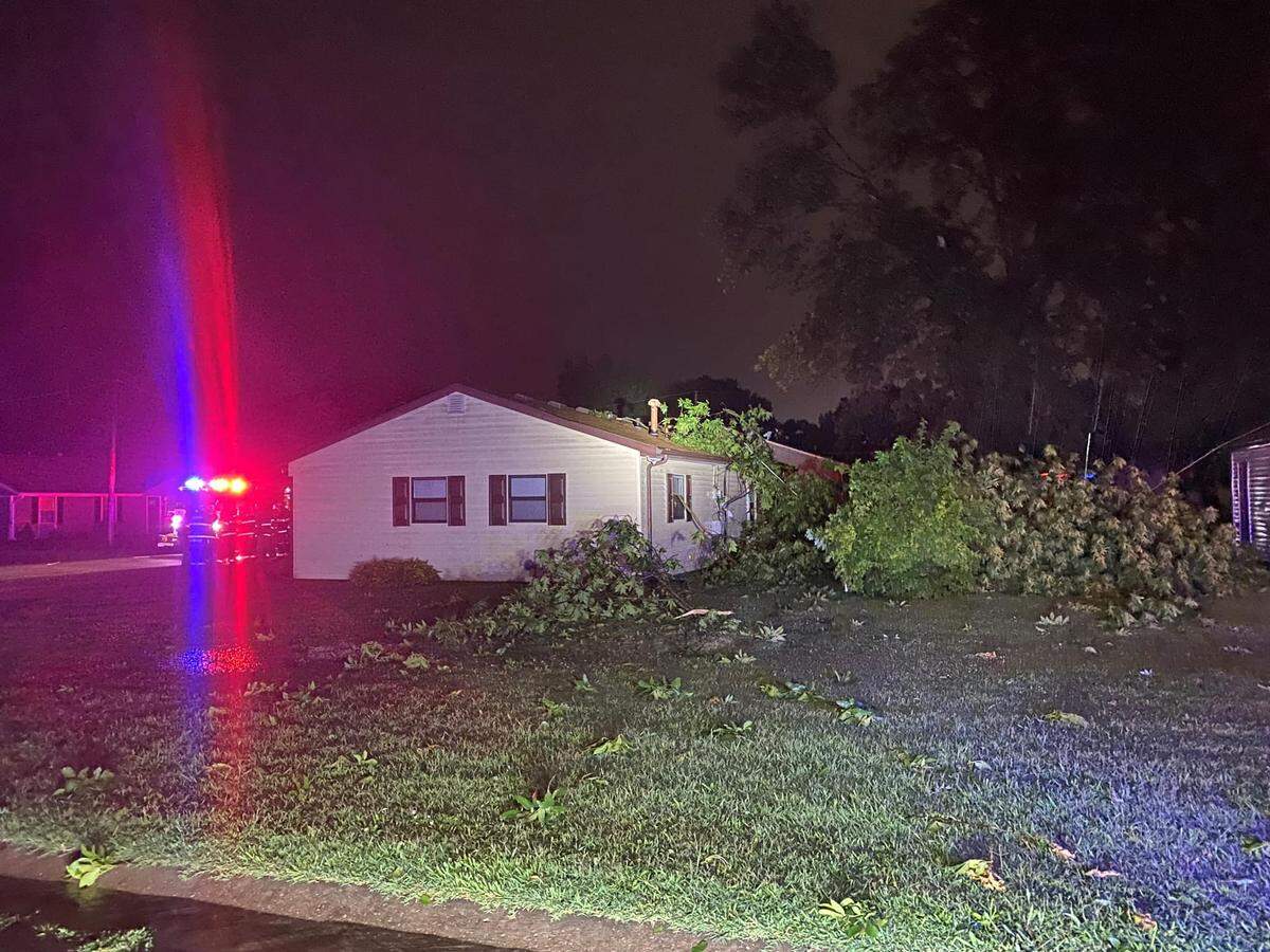 Tree limbs and other debris hit the ground during a severe thunderstorm Friday night in Fairview Heights.