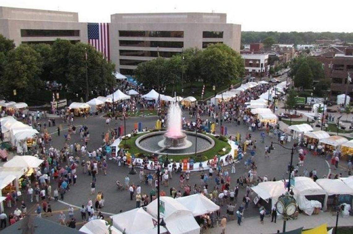 This file photo shows white tents surrounding Belleville Public Square during an Art on the Square weekend. The show draws tens of thousands of people from throughout the region.