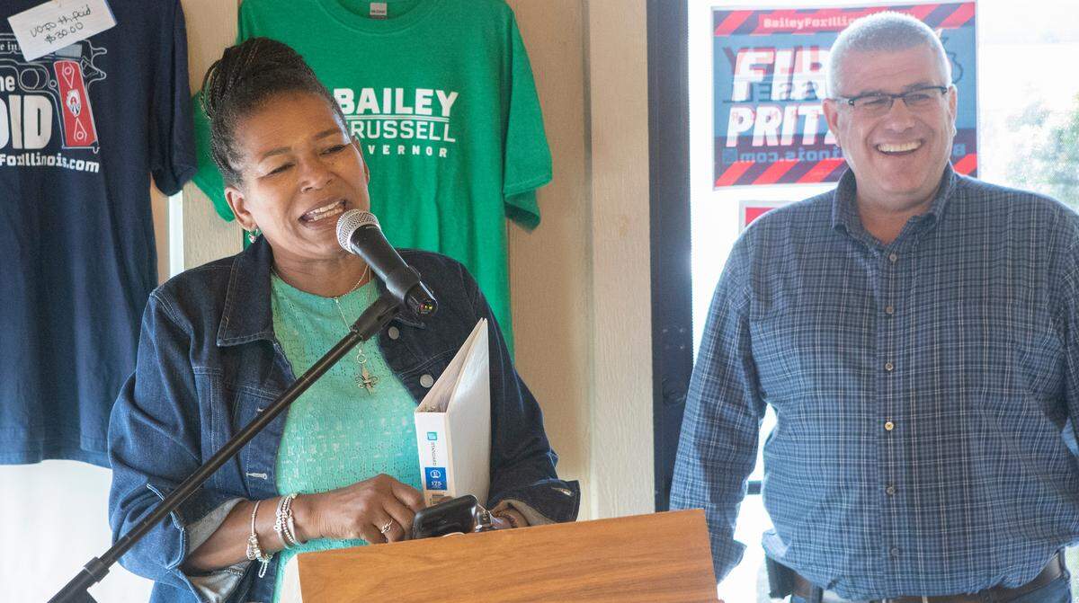 Lt. Governor candidate Stephanie Trussell speaks with supporters during a campaign stop at the Round Table Café in Belleville, Illinois. State Senator and candidate for governor Darren Bailey and Lt. Governor candidate Stephanie Trussell are doing a 9 city bus tour in Illinois.