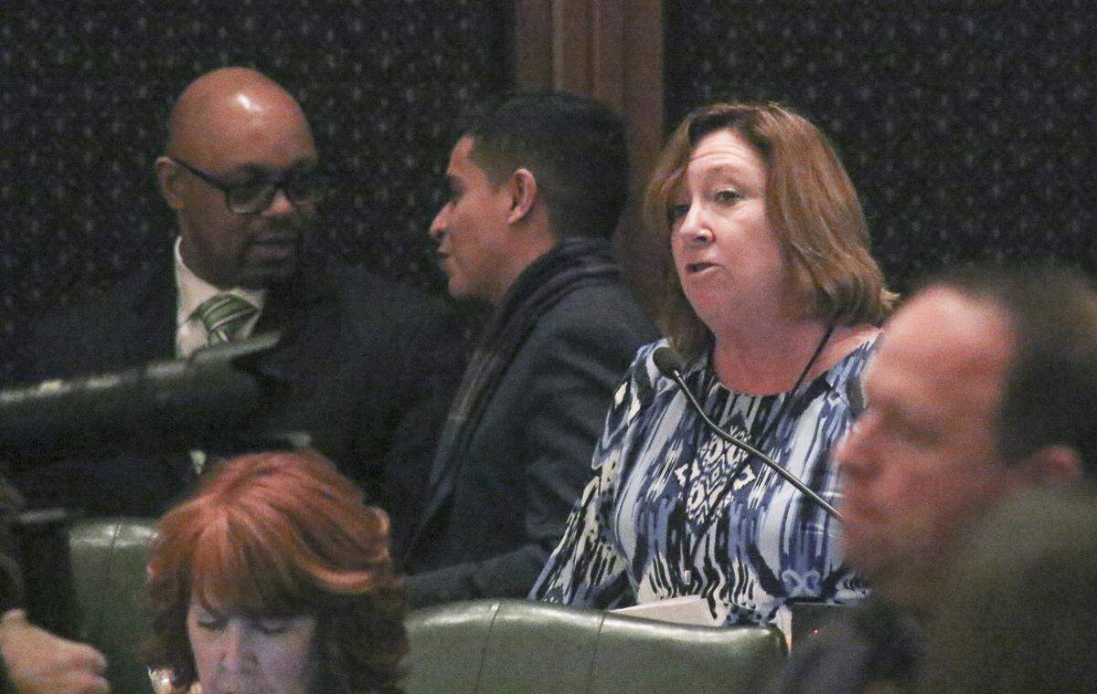State Rep. Monica Bristow, D-Godfrey, speaks on the House floor during the 2018 legislative veto session.