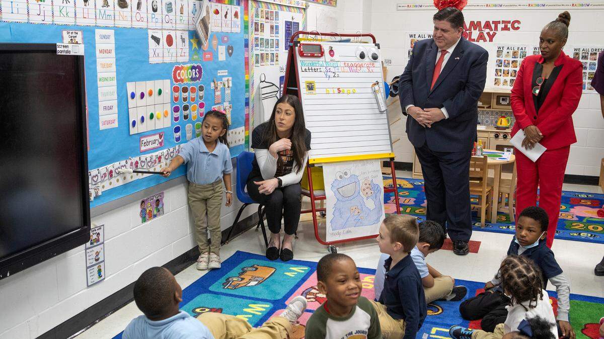 Illinois Gov. J.B. Pritzker visited with students in a class at Vivian D. Adams Early Childhood Center in East St. Louis in February.