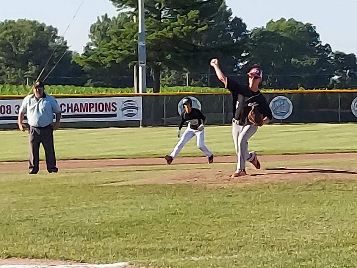 Highland Post 439 starter Tyson Kunz deals a pitch toward the plate during a game against South Central Elite on Tuesday, June 28, at Glik Park in Highland. Kunz fired a complete game and also delivered an RBI hit that gave Highland the lead for good in what ultimately was a 7-4 victory.