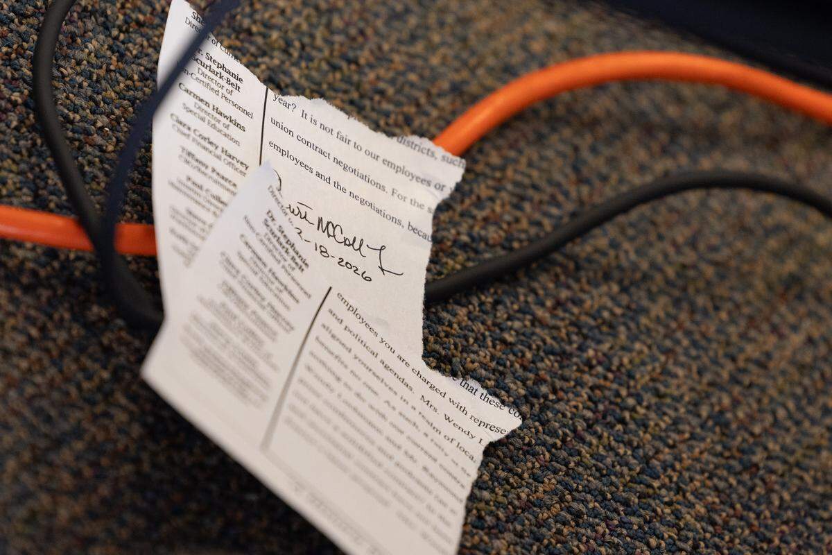 Union leader Ray Roskos’s ripped up copy of a statement made by District 187 superintendent Curtis McCall Jr. Roskos tore the letter into quarters during a March 18 news conference in Fairview Heights.