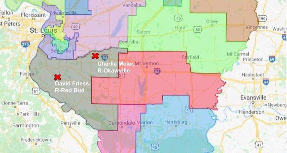 A map proposed by Illinois General Assembly Democrats on Friday, May 21 would draw Republican state Reps. Charlie Meier of Okawville (108th District) and David Friess of Red Bud (116th District) into the same district.