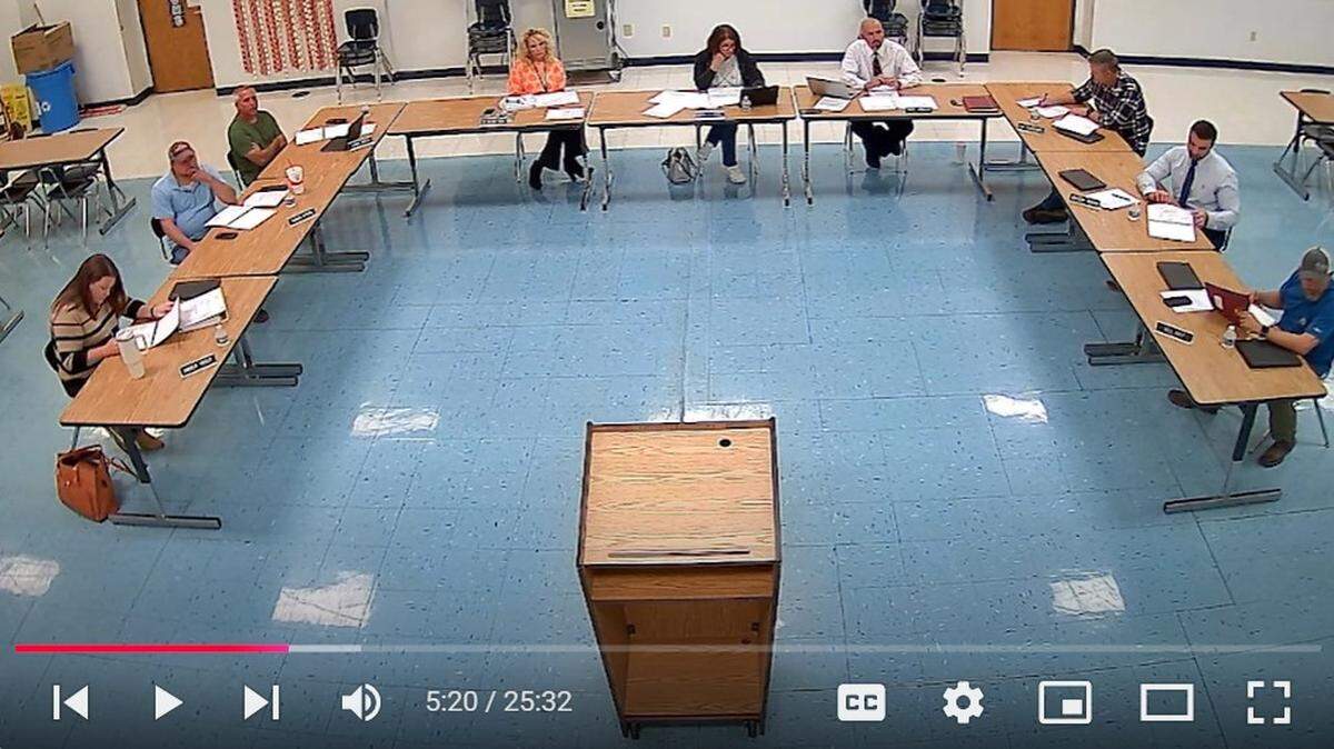 This video screenshot shows the Oct. 28, 2024, meeting of the Freeburg Community Consolidated School District 70 board, shortly before member David Stein was prohibited by court order to attend meetings.